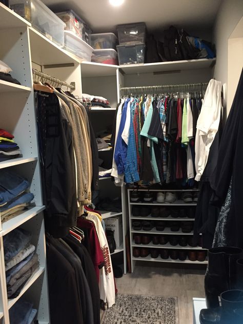 We love our new walk-in closet! The storage is just what we needed! Closet Full Of Clothes Men, Organized Closet Aesthetic Walk In, Mens Closet Aesthetic, Organized Closet Men, Grunge Walk In Closet, Men Closet Aesthetic, Men Walk In Closet, Mens Wardrobe Closet, Men’s Closet