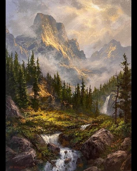 NC McNaughton on Instagram: "I have so much fun painting these kind of scenes with mist and waterfalls... painting another one right now 😄. Below Mist and Mountain, 9x12. #naturewalk #acrylicpaintings #naturecaptures" Story Icon Instagram, Sun Evening, Story Icon, Waterfall Paintings, Landscape Painting Tutorial, Icon Instagram, River Painting, Architecture Concept Drawings, Canvas Painting Landscape