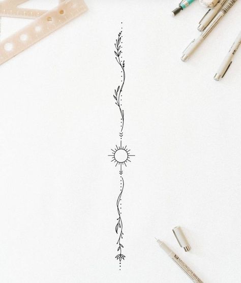 Spine Tattoos For Women Unalome, Tangled Flower Back Tattoo, Tatoos Medium Size Women, Simple Back Tattoos For Women Spine, Fine Line Art Tattoo Woman, Spine Tattoos For Women Line Work, Tattoo Along Spine, Spine Tattoo Symbols Meaning, Long Simple Tattoos For Women