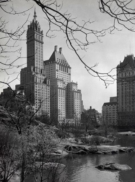 Then: Sherry Netherland Hotel and Plaza Hotel from Central Park (1928) | Then Vs. Now: 1920s New York City Nyc History, Vintage Nyc, Penn Station, New York Architecture, Architecture Images, 20 Century, Union Square, Plaza Hotel, Lower Manhattan