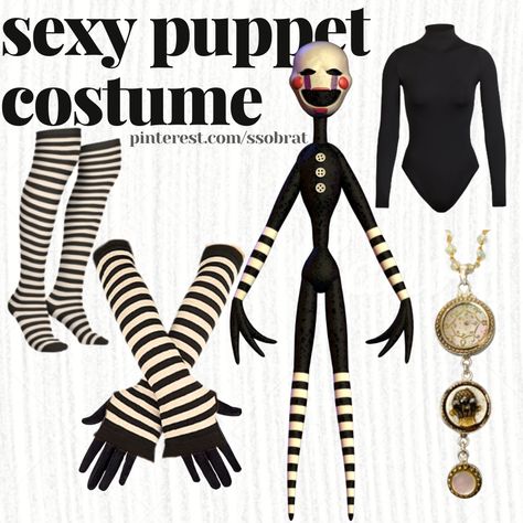 black text saying "sexy puppet costume" is at the top of the image. there is a picture of "puppet" from fnaf, and it is surrounded by various clothing and accessories needed to recreate this character's "look." all clothing items and accessories are listed in the pin description. Marinette Fnaf Cosplay, Fnaf Costume Cute, Fnaf Usernames, Fnaf Costume Halloween, Fnaf Puppet Costume, Puppet Fnaf Costume, The Puppet Fnaf Cosplay, Fnaf Puppet Makeup, Fnaf Marionette Costume