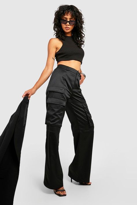 Womens Heavy Satin Tailored Cargo Pants - Black - 2 - Update your formal or semi-formal wear with new dress pants from boohoo's latest drop of dress pants for women. Typically cut between slim-fit and regular-fit, these dress pants are a style staple for any formal attire event or workday outfit. Offering a streamlined appearance, the pants' tapered leg fits your body in a universally flattering style worth investing in.Style: Cargo PantsDesign: PlainFabric: Satin Black Satin Cargo Pants Outfit, Dress Pants For Women, Semi Formal Wear, Cargo Pants Outfit, Style Cargo, Pants Design, Tailored Pants, Formal Attire, Fashion Face