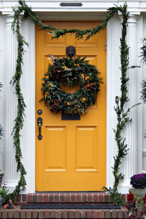 A Yellow Front Door with Wreath Yellow Front Door, Boxwood Garland, Personalized Bridal Shower Gifts, Yellow Front Doors, Married Gift, Yellow Door, Christmas Homemade, Yellow Colour Scheme, Yellow Doors