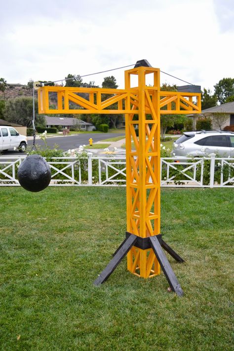 Construction Theme Birthday Party Wrecking Ball, Wrecking Ball Construction Party, Crane Truck Birthday Party, Wrecking Ball Game Construction Party, Crane Birthday Party, Diy Crane Construction, Wrecking Ball Pinata, Construction Pinata Diy, Construction Piñata