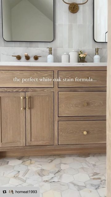 Interiors with Becky on Instagram: "Racking your brain to find the perfect white oak stain? It can be quite the challenge! This blend goes perfectly with both brass and black finishes, and is the perfect neutral to complement the warmer tones in this bathroom. Can also be used for kitchen cabinets! 

👉 Screenshot the label shown in this reel and get it mixed at any Sherwin Williams or paint store, or send it to your contractor! 

👉 Save this for reference if you want to come back and look at it later 

👉 PSA: ALWAYS test the stain on a smaller piece of white oak in the room you’re going to be using it in and place with other materials/finishes in the room. This is SO important as each space is different and stains look different in different lighting conditions. 

#bathroomdesign #bathr Wood Vanities Bathroom, Beige Vanity Bathroom, Oak Vanity Bathroom, White Oak Stain, Oak Bathroom Cabinets, Oak Bathroom Vanity, Paint Store, Lake House Kitchen, Oak Bathroom