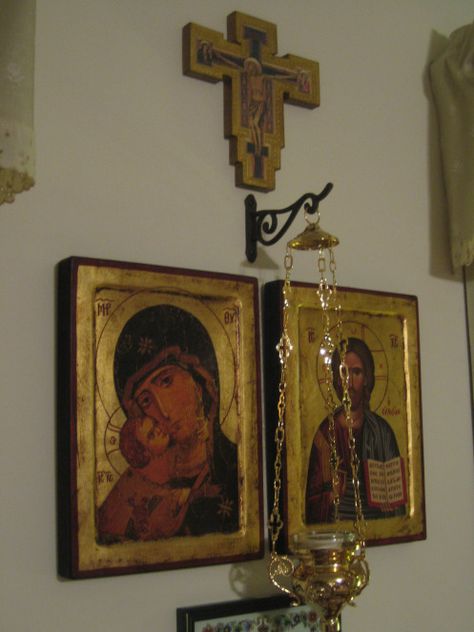 The New Icon Corner Icon Corner Ideas, Icon Corner, Greek Orthodox Christian, Home Altar Catholic, Orthodox Art, Orthodox Prayers, Catholic Altar, Church Icon, Greek Icons