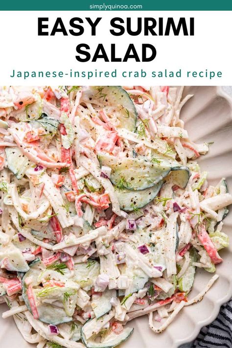 Looking for a new side dish or salad to have with your next summer BBQ? Surimi salad is a Japanese-inspired crab salad recipe made with imitation crab, vegetables, and a creamy dressing. This salad will be the hit of your next gathering! Surimi Snow Leg Style Recipes, Cucumber And Crab Salad Asian, Low Calorie Crab Salad, Crab Salad Healthy, Crab And Cucumber Salad Recipe, Keto Seafood Salad, Crab And Pasta Salad, Cucumber Salad With Crab Meat, Crab Salad With Cucumber