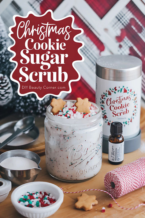 DIY Christmas cookie sugar scrub in a glass jar with festive sprinkles and gingerbread cookies, perfect for holiday gifting. Sugar Cookie Sugar Scrub Recipe, Gingerbread Scrub Diy, Cookie Dough Body Scrub, Homemade Sugar Scrub Christmas, Christmas Sugar Scrubs Recipes, Sugar Scrub Gift Ideas, Christmas Cookie Sugar Scrub, Homemade Sugar Scrubs Recipes, Hot Chocolate Sugar Scrub