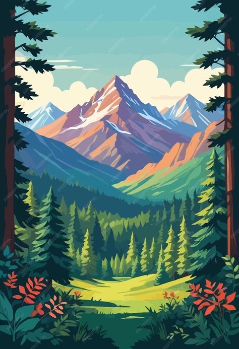 Premium Vector | A painting of a mountain with a mountain in the background Mountain Drawing Color, Mountain Landscape Illustration, Church Mural, Vector Landscape, Mountain Background, Mountain Drawing, Mountain Illustration, Tshirt Illustration, Mountain Paintings