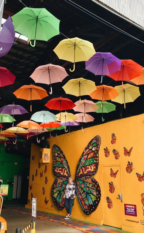 Aesthetic Umbrella, Gallery Decoration, Street Art Mural, Small Restaurant Design, Restaurant Design Inspiration, Butterfly Aesthetic, Rustic Cafe, City Branding, Elevator Design