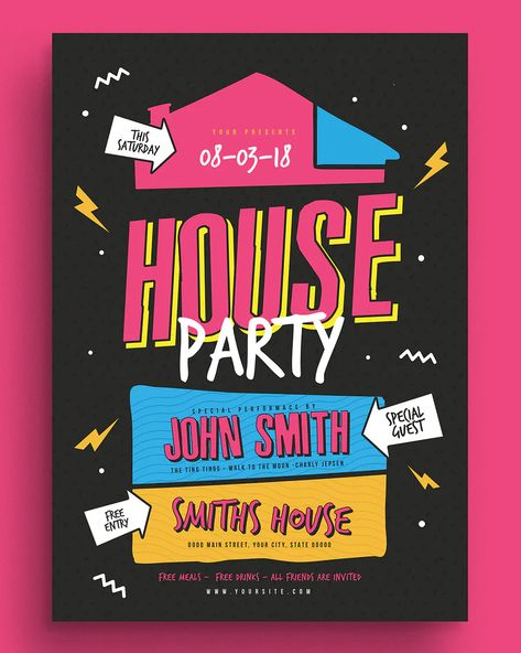 Welcome Party Poster Design, Poster For An Event, Flyer Inspiration Design, Birthday Party Graphic Design, House Party Poster Design, House Party Design Poster, Party Flyer Ideas, House Party Invitation Template, House Party Poster