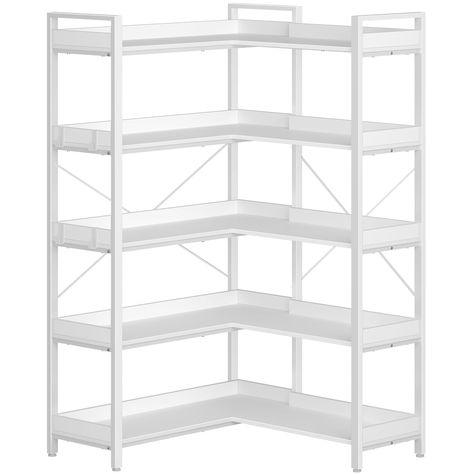 PRICES MAY VARY. 5-Tier Large Storage Bookshelf: With its five open shelves, this bookshelf is designed to maximize your storage potential. Each shelf is capable of holding up to 200 lbs, providing secure and ample space for your books, decorations and collectibles, thereby enhancing the overall orderliness of your room Multiple Assembly Options: This bookcase offers two assembly forms: vertical and L-shaped, providing you with the flexibility to place it in various spaces such as the living roo Home Office White, Corner Bookshelf, Frame For Living Room, Industrial Bookcases, Corner Bookshelves, Sewing Furniture, Kids Room Organization, Wooden Bookcase, Home Goods Decor