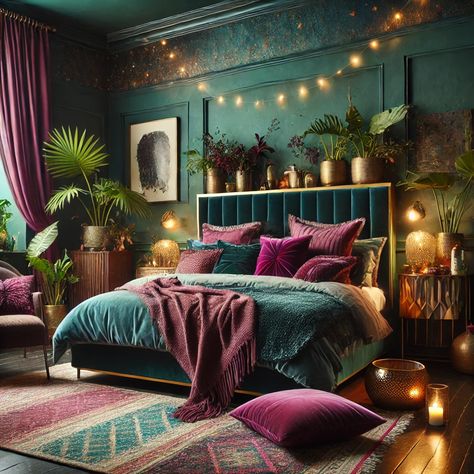 Purple And Emerald Green Bedroom, Teal And Plum Bedroom, Peacock Room Decor Bedroom Colors, Colorful Boho Bedroom Jewel Tones, Earthy Glam Bedroom, Deep Jewel Tone Bedroom, Jewel Tone Wall Paint, Jewel Tone Master Suite, Colorful Maximalist Bedroom Aesthetic