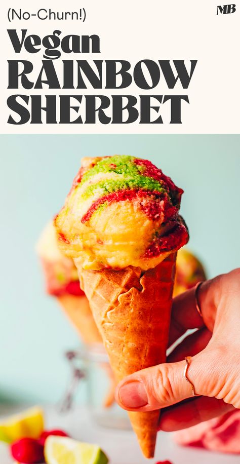 No-churn vegan rainbow sherbet ice cream with a naturally sweetened frozen fruit base. Just 7 ingredients required for this wholesome take on a classic summertime treat! Vegan Sherbet Recipes, Vegan No Churn Ice Cream, Rainbow Sherbet Ice Cream, Gluten Free Cake Recipes Easy, Vegan Sorbet, Sherbet Ice Cream, Sherbet Recipes, Vegetarian Desserts, Minimalist Baker