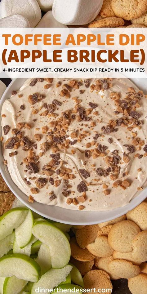 Dips To Go With Apples, Apple Dip With Marshmallow Fluff, Cookie Dough Apple Dip, Dessert Dips Fall, Fall Apple Dip Recipes, Caramel Apple Toffee Dip, Score Dip Apple, Apple Brickle Dip Recipe, Toffee Apple Dip Recipe