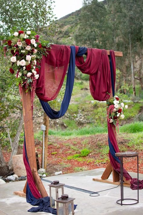 Wedding Arch Ideas Burgundy And Navy, Navy Blue Maroon And Silver Wedding, Navy And Burgundy And Gold Wedding, Burgundy Navy And White Wedding, Royal Blue And Maroon Wedding Theme, Fall Elopement Decor, Burgundy Blue And Gold Wedding, Navy Burgundy Silver Wedding, Navy And Burgundy Wedding Dress