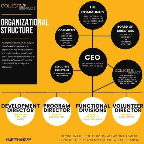 You aspire to create jobs and IMPACT your community. That is why you started a nonprofit organization. Suppose you're ready to transition from C.E.O. to board President/Founder. If this resonates with your SOUL, join us on the webinar tomorrow. Network C.P.A., Andrew Melton will focus on how your organizational structure affects success in carrying out its mission, strategy, and objectives. Collective Impact is available to fill in the gaps in your organization until you get here... Business Organizational Structure, Nonprofit Design, Start A Non Profit, Nonprofit Startup, Network Organization, Accounting Education, Leadership Models, Organizational Leadership, Life Planner Organization