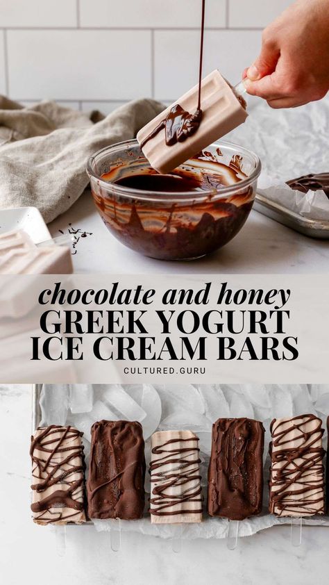 These chocolate and honey Greek yogurt ice cream bars are the perfect summer snack or dessert! They're made with high-protein, low-fat Greek yogurt, honey, and chocolate caramel LMNT electrolytes. Then, they're drizzled or dipped in rich dark chocolate. #yogurt #icecream #chocolate #popsicle #icecreambar Greek Yogurt Ice Cream Bars, Yogurt Ice Cream Bars, Lmnt Electrolytes, Greek Yogurt Ice Cream, Greek Yogurt Popsicles, Chocolate Popsicle, Low Calorie Sweets, Greek Yogurt Honey, Chocolate Greek Yogurt