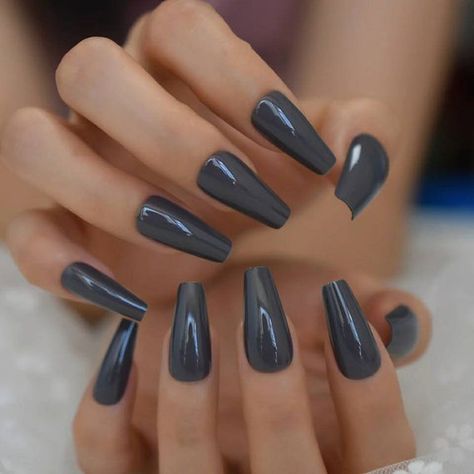 Grey Acrylic Nails, Nail Kits, Fake Nails Long, Long Press On Nails, Manicure Tips, Coffin Press On Nails, Gray Nails, Sticky Pads, Dark Nails