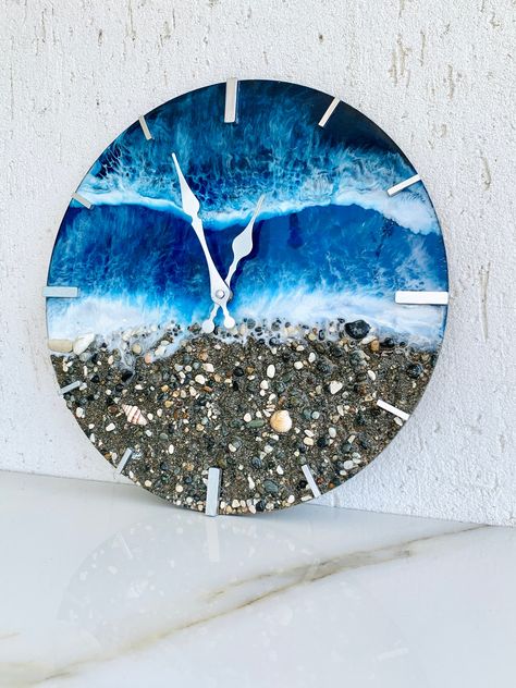 13.4" Resin Ocean Clock, Resin Ocean art, Beach Wave, Ocean Wall Clock, Real Beach Sand, Rocks & Shells Housewarming Gift, Beach House gift #handmadegifts #oceanresinart #oceanresinclock #oceanwallclock Ocean Clock, Resin Ocean Art, Clock Resin, Beach House Gift, Unique Gifts For Couples, Resin Creations, Waves Photos, Black And Gold Marble, Beach Wave