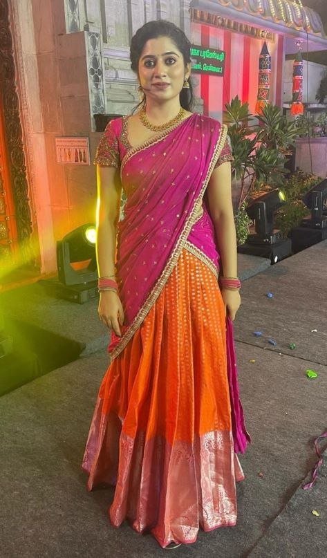 Orange Pink Half Saree, Pattu Saree Half Saree, Pink And White Half Saree, Dhavani For Wedding Function, Half Saree Simple Traditional, South Lehenga Half Saree, South Indian Lehenga Half Saree Simple, Simple Langa Voni Half Saree, Pink Pattu Lehenga Half Saree