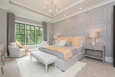 The Evans Floor Plan as a Model Home - Transitional - Bedroom - Atlanta - by Bercher Homes | Houzz Concrete Floors Bedroom, Floor Bedroom Ideas, Transitional Bedroom Design, Gold Crystal Chandelier, Color Decor, Transitional Bedroom, Glass Doors Interior, Contemporary Fireplace, Luxury Bedroom Master