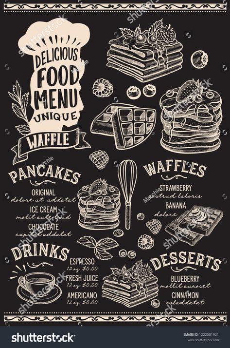 Black Board Menu Cafe, Black Board Menu Design, Pancake Menu Design, Cafe Board Design, Pancake Background, Waffle Menu Design, Black Board Ideas, Black Board Design, Cafe Design Layout