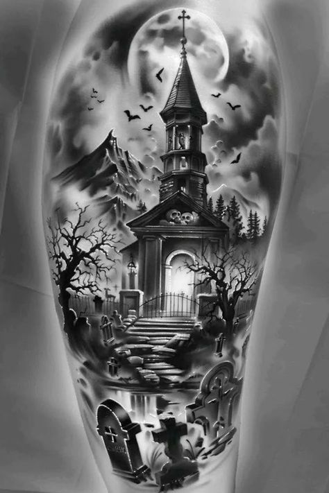 Cave Tattoo For Men, Grim Reaper Graveyard Tattoo, Witch Craft Tattoo Ideas, Haunted Tattoo Ideas, Dracula Tattoo Vampires, Skull Leg Tattoos, Grave Yard Tattoos, Graveyard Tattoo Design, Haunted Tattoo