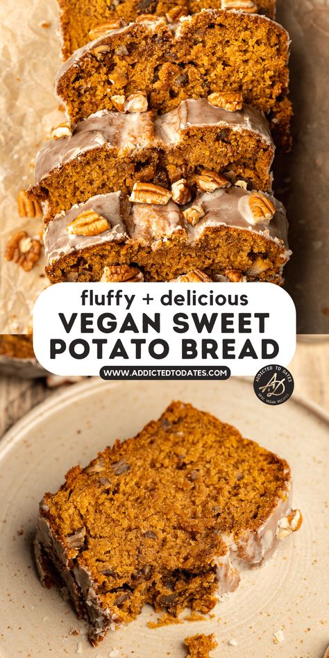 Vegan Sweet Potato Bread - Addicted to Dates Vegan Fall Bread, Vegan Breakfast Loaf, Vegan Sweet Potato Pound Cake, Sweet Potato Bread Vegan, Vegan Sweet Bread Recipes, Vegan Sweet Potato Recipes Dinners, Sweet Potato Oatmeal Bars, Vegan Sweet Potato Dessert, Vegan Quick Breads