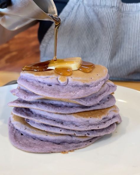 Ube Pancake Mix Recipe, Ube Mochi Pancakes Recipe, Trader Joe’s Ube Pancake Mix Recipes, Ube Mochi Waffle Recipe, Taro Pancakes, Taro Food, Taro Mochi, Mochi Pancakes, Japan Fluffy Pancakes