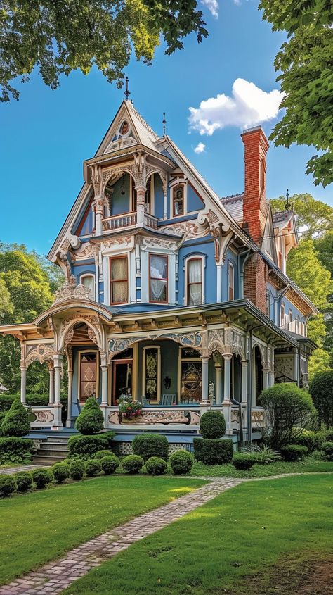 Victorian House Elegance: Stunning Victorian house boasting intricate architectural details amidst lush greenery under a clear blue sky. #victorian #architecture #elegance #opulence #history #aiart #aiphoto #stockcake ⬇️ Download and 📝 Prompt 👉 https://ayr.app/l/B4dV Victorian House Inspiration, Light Blue Victorian House, Victorian Industrial Architecture, Victorian Architecture Exterior, Victorian House Ideas, Victorian Cottage Exterior, Colorful Victorian House, Old Style Homes, Victorian House Aesthetic