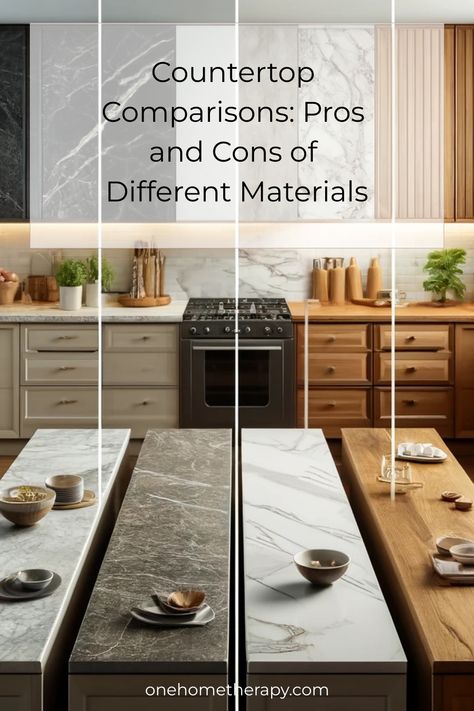 Uncover everything you need to know about countertop materials in our comprehensive guide! Whether you prefer the classic sophistication of granite or the contemporary charm of quartz, we break down the advantages and disadvantages of each option. Make a well-informed choice for your kitchen or bathroom remodel with valuable insights from our guide. Kitchen Countertop Renovation, Countertop Comparison Chart, Kitchen Countertop Types, Raising Countertop Height, Kitchen Countertops Materials, Types Of Stone Countertops, Long Countertop Kitchen, Deep Countertops Kitchen, Kitchen Ideas Stone Countertops