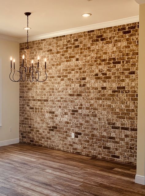 Wallpaper Brick Wall Living Rooms, Dining Room Accent Wall Brick, Exposed Brick Feature Wall Living Room, Farmhouse Brick Accent Wall, Dining Room Brick Accent Wall, Exposed Brick Wall Dining Room, Brick Accent Walls In Living Room, Faux Brick Dining Room Wall, Brick Wall Renovation