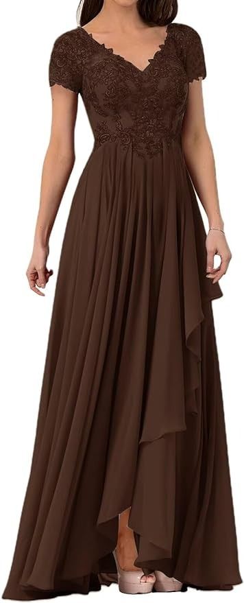 Amazon.com: Mother of The Groom Dresses for Wedding Classy Short Sleeves Lace Applique Elegant Modest Chiffon V Neck Formal Mother of The Bride Dresses Brown Evening Gown : Clothing, Shoes & Jewelry Brown Gown Dress, Groom Dresses For Wedding, Bride Groom Dresses, Dresses Brown, Mother Dress, Wedding Classy, Simple Bridesmaid Dresses, Formal Evening Gown, Mother Of The Bride Gown