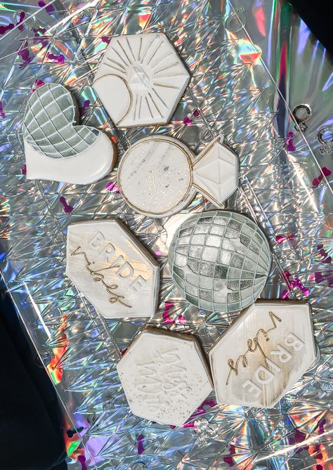 Disco Engagement Party Ideas, Disco Bridal Shower Cookies, Glitz And Glam Bachelorette Party Ideas, Disco Cookies Bachelorette, Last Disco Bachelorette Cookies, Glam Bachelorette Theme, Glitz And Glam Hens, Glitz And Glam Bachelorette Theme, Her Last Disco Bachelorette