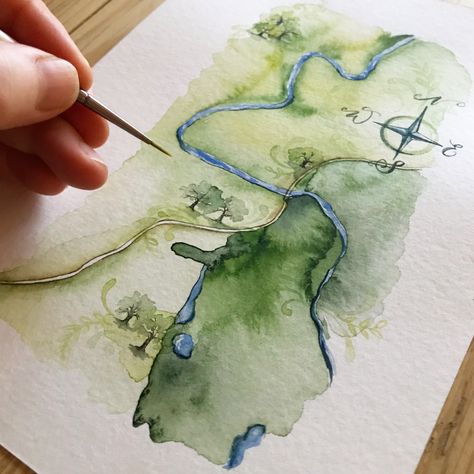 Watercolour Map Illustration, Map Painting Ideas, Watercolour Line Art, Map Concept Art, Map Illustration Art, Wedding Map Illustration, Map Art Illustration, Creative Maps, Watercolour Map