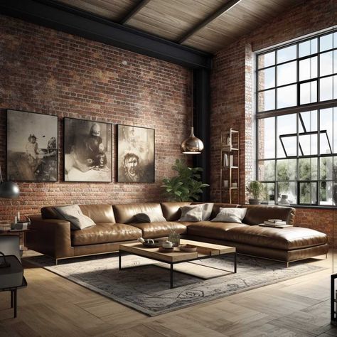 Mens Living Room Ideas, Mens Living Room, Brick Wall Living Room, Industrial Style Living Room, Masculine Living Rooms, Industrial Living Room, Industrial Livingroom, Industrial Living, Industrial Interior Design