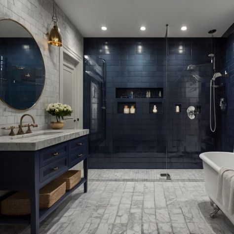 Shop Blue Bathroom Tiles | 17+ Blue Tiles You Should See | Stone Tile Depot Dark Blue Tile Bathroom, Blue Tile Bathroom Ideas, Dark Tile Bathroom, Boston Ideas, Blue Bathroom Tiles, Blue Tile Bathroom, Glass Tile Shower, Tile Bathroom Ideas, Dark Blue Tile