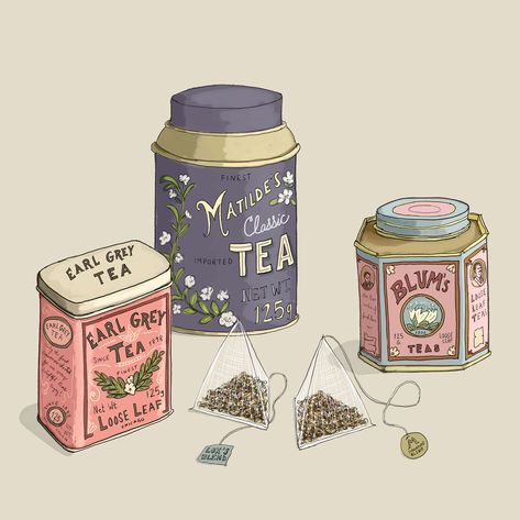 Vintage inspired tea tins (part of pattern on many products in "Tea themed" section of my Etsy shop) Illustration Product Design, Tea Product Design, Tea Shop Illustration, Tea House Aesthetic, Tea Shop Design, Products Illustration, Tea Drawing, Tea Pattern, Tea Journal