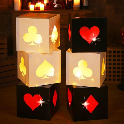 PRICES MAY VARY. Casino Party Decorations: celebrate your event with our stunning set of 6 casino party favor boxes, showcasing a bold blend of red, black, and white; Each box is designed with a hollow poker and decorated with string lights, adding a touch of excitement and elegance to your occasion Suitable for Celebrations: light up your entire party with our poker decoration boxes, these lighted party boxes are ideal for game nights, casino-themed parties, celebrations, holidays, carnivals, b Las Vegas, Las Vegas Birthday Theme, Casino Party Favors, Vegas Decorations, Casino Theme Party, Casino Birthday Party, Game Money, Balloon Boxes, Vegas Theme Party