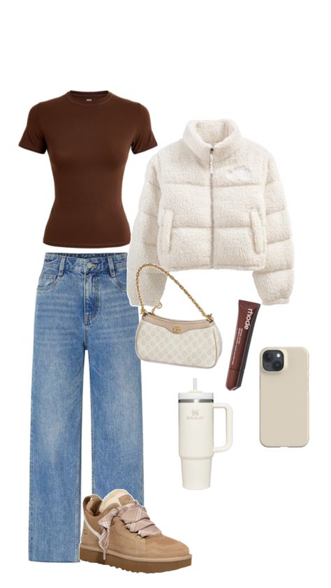 outfit inspo, brown outfit, winter outfit, comfy outfit, cozy outfit, fluffy jacket, ugg sneakers, stanley, rhode lipgloss Outfits With Ugg Sneakers, Outfits With Uggs Sneaker, Light Brown Sweatshirt Outfit, How To Style Ugg Lowmel Sneakers, Lowmel Uggs With Outfits, Ugg Tennis Shoes Outfit, Chillapeak Uggs Outfit, Ugh Sneakers Outfit, Brown Socks Outfit