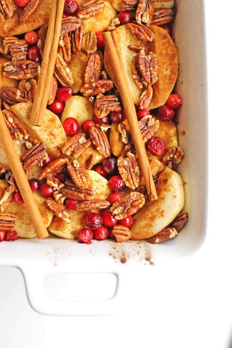 Vegan maple pecan fall fruit bake recipe! Roasted fall fruit you can eat as a side dish, with yogurt, or as a healthy dessert! // Rhubarbarians / breakfast / baked apples / roasted apples / #maplepecan #healthydessert #fallbreakfast #vegan #recipe #fruitbake #roastedfruit Apple Cranberry Breakfast Bake, Baked Pears With Feta Honey Cranberries, Butternut Squash Pecans Cranberries, Honey Roasted Butternut Squash Cranberry, Apple & Cranberry Roasted Chicken, Baked Cinnamon Apples, Cranberry Baking, Apple Chips Baked, Cranberry Dessert