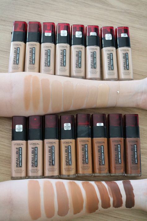 L’Oreal Paris Infallible 24H Fresh Wear Foundation Review Loreal Foundation Shades, Loreal Infallible Foundation Shades, Loreal Paris Foundation, Loreal Infallible Foundation, Loreal Foundation, Superstay Maybelline, Infallible Foundation, Loreal Paris Makeup, Foundation Swatches