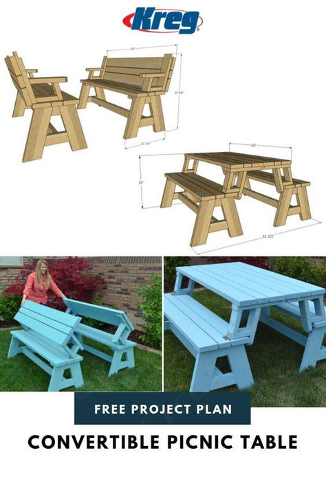 This is a dual purpose picnic table. Not only is this picnic table great for outdoor eating, but it easily converts into two cute garden benches. The picnic table’s top folds down to create the back of the bench, for a relaxing seat. ... daha fazla Picnic Table To Bench Plans, Folding Bench Table, Collapsible Picnic Table, Bench To Picnic Table Diy, Bench Table Outdoor, Picnic Table Bench Plans, Fold Up Picnic Table, Folding Picnic Table Plans, Diy Picnic Table