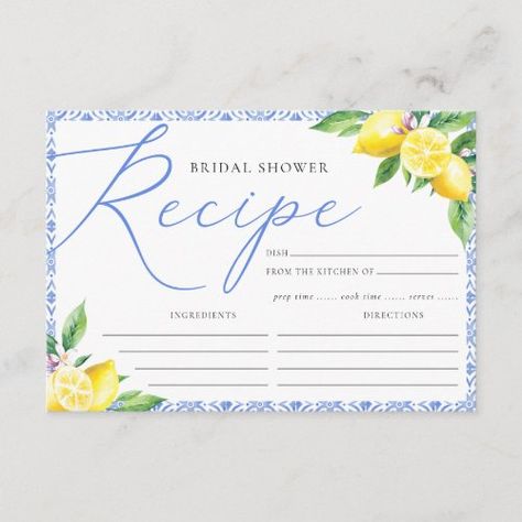 $2.27 | Lemon Italian Positano Blue Bridal Shower Recipe | Bridal Shower Invitations | bridal shower recipe, recipe for the bride, lemon, italian, positano, blue tile, moroccan, meditteranean, elegant, recipe Amalfi Bridal Shower Theme, Positano Bridal Shower Theme, Italian Lemon Bridal Shower Theme, Italian Bridal Shower Ideas, Amalfi Coast Bridal Shower Theme, Italian Themed Bridal Shower Ideas, Lemon Themed Bridal Shower Ideas, Bridal Shower Lemon, Couples Shower Themes