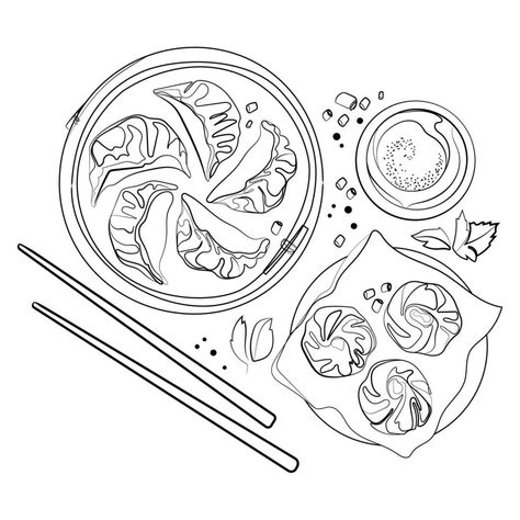 Asian Dumplings, Bamboo Steamer, Food Asian, Food Sketch, Vector Sketch, Sketch Illustration, Hand Drawn Illustration, Drawn Illustration, Chinese Traditional