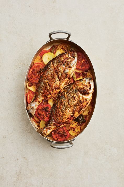 Fish And Roasted Vegetables, Whole Roasted Fish, Salmon And Roasted Potatoes, Fish And Potatoes, Fish With Roasted Tomatoes, Coronation Chicken Recipe, Moroccan Fish Tajine, Fish Tagine, Roasted Fish