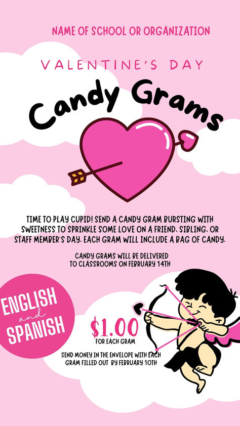 Spread love and sweetness with our customizable Cupid-themed candy gram fundraiser flyer, perfect for sharing kindness and raising funds using Canva's easy editing tools. Available in both English and Spanish designs, it reaches a wider audience and ignites hearts in multiple languages with this delightful flyer template. #valentinesday #cupid #fundraisertemplate #fundraiser #schoolfundraiser #candygrams #valentinesdaycandygram #valentinesdaycards #valentinecard Candy Grams Poster, Valentines Day Candy Grams, Candy Grams Ideas, Candy Gram Fundraiser, Candy Fundraiser Ideas, Candy Gram Ideas Valentine, Candy Grams Fundraiser, Candy Gram Ideas, February Fundraiser Ideas