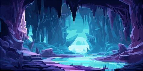 Cave dark tunnel with stalactites game p... | Premium Vector #Freepik #vector #water #nature #purple #background Mystical Cave Art, Glowing Cave Art, Cave With Stalactites, Cave Cartoon Background, Underwater Cave Art, Cave Illustration Fantasy Art, Water Background Landscape, Cave With Water, Arcade Background