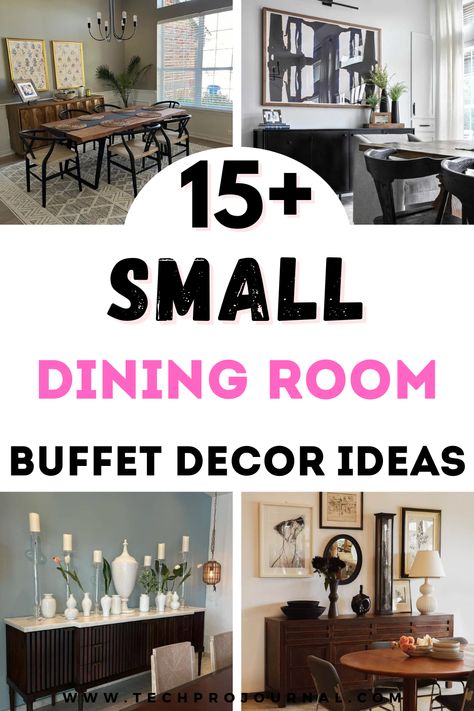 If you’re sick of clutter on your buffet, these small dining room buffet decor ideas are perfect for adding style and organization! From simple greenery to chic trays, these small dining room buffet decor ideas help create a tidy, welcoming look. Decorating Wall Over Buffet, Small Buffet Decor, Storage For Dining Room, How To Decorate Small Dining Room, Builtin Buffet Dining Room, Kitchen Dining Area Decor, Home Decor Ideas Dining Room Table, Styling A Buffet In Dining Room Modern, Dining Room With Buffet Cabinet